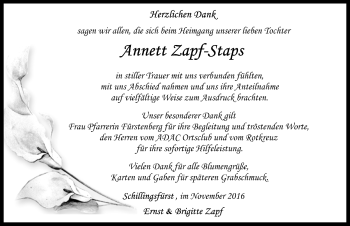 Traueranzeige von Annett Zapf-Staps von Rothenburg