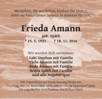 Traueranzeige von Frieda Amann von Ansbach