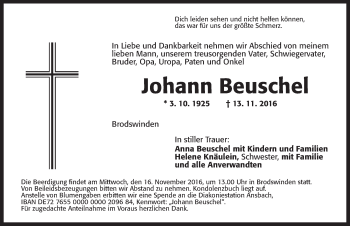 Traueranzeige von Johann Beuschel von Ansbach