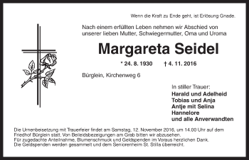 Traueranzeige von Margareta Seidel von Ansbach