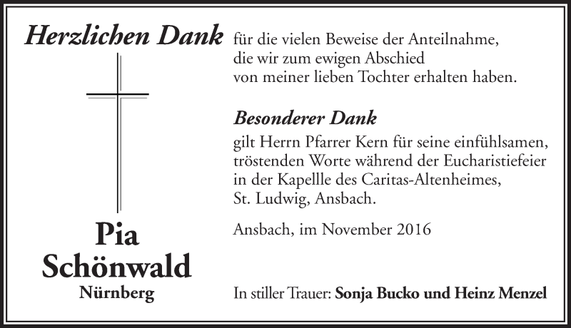  Traueranzeige für Pia Schönwald vom 10.11.2016 aus Ansbach