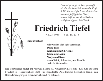 Traueranzeige von Friedrich Tiefel von Neustadt/ Scheinfeld/ Uffenheim