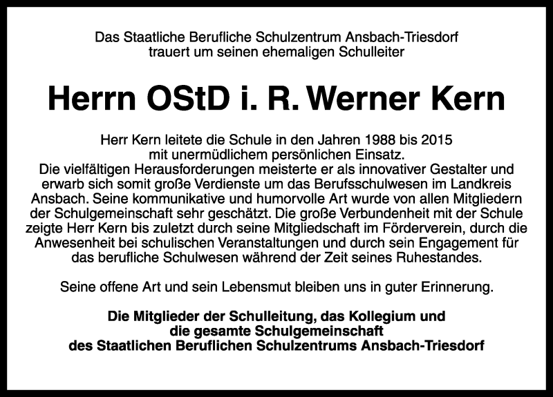  Traueranzeige für Werner Kern vom 15.11.2016 aus Rothenburg