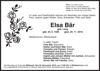 Traueranzeige von Elsa Bär von Ansbach