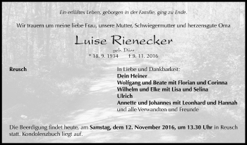 Traueranzeige von Luise Rienecker von Neustadt/ Scheinfeld/ Uffenheim