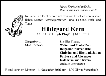 Traueranzeige von Hildegard Kern von Neustadt/ Scheinfeld/ Uffenheim