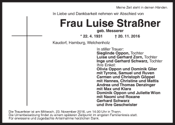 Traueranzeige von Luise Straßner von Dinkelsbühl/ Feuchtwangen