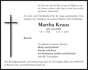 Traueranzeige von Martha Kraus von Neustadt/ Scheinfeld/ Uffenheim