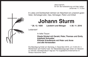 Traueranzeige von Johann Sturm von Ansbach