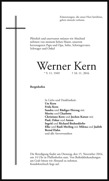 Traueranzeige von Werner Kern von Neustadt/ Scheinfeld/ Uffenheim