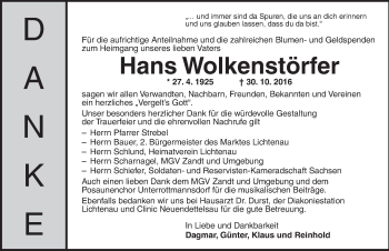 Traueranzeige von Hans Wolkenstörfer von Ansbach