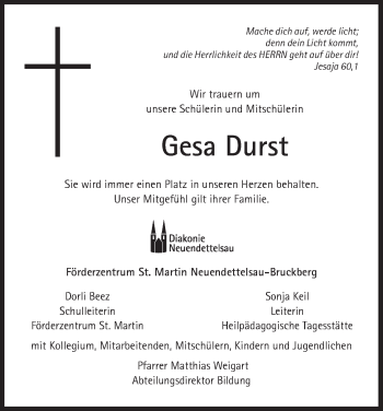 Traueranzeige von Gesa Durst von Gesamtausgabe