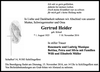 Traueranzeige von Gertrud Heider von Rothenburg