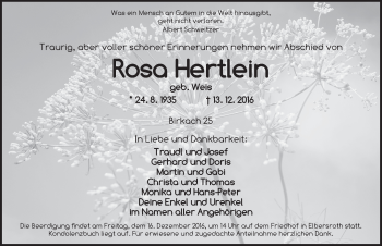 Traueranzeige von Rosa Hartlein von Ansbach