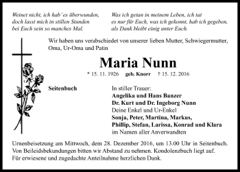 Traueranzeige von Maria Nunn von Neustadt/ Scheinfeld/ Uffenheim