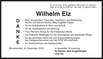 Traueranzeige von Wilhelm Elz von Dinkelsbühl/ Feuchtwangen