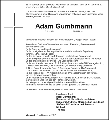 Traueranzeige von Adam Gumbmann von Neustadt/ Scheinfeld/ Uffenheim