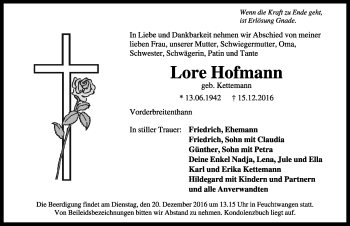 Traueranzeige von Lore Hofmann von Rothenburg