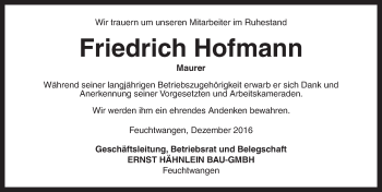 Traueranzeige von Friedrich Hofmann von Dinkelsbühl/ Feuchtwangen