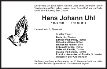 Traueranzeige von Hans Johann Uhl von Ansbach