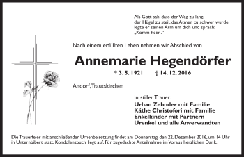 Traueranzeige von Annemarie Hegendörfer von Ansbach