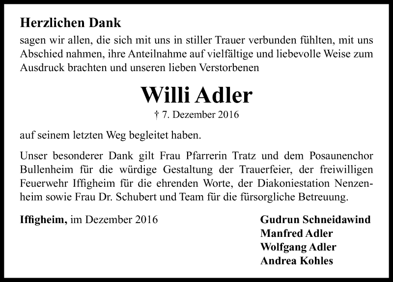  Traueranzeige für Willi Adler vom 24.12.2016 aus Neustadt/ Scheinfeld/ Uffenheim