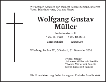 Traueranzeige von Wolfgang Gustav Müller von Gesamtausgabe