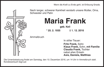 Traueranzeige von Maria Frank von Dinkelsbühl/ Feuchtwangen