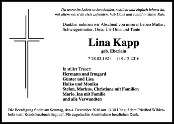 Traueranzeige von Lina Kapp von Dinkelsbühl/ Feuchtwangen