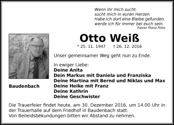 Traueranzeige von Otto Weiß von Neustadt/ Scheinfeld/ Uffenheim