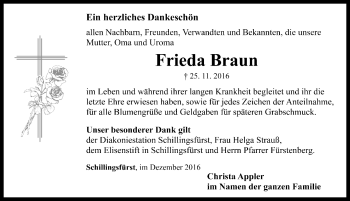 Traueranzeige von Frieda Braun von Rothenburg