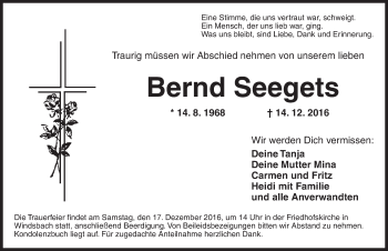 Traueranzeige von Bernd Seegets von Ansbach