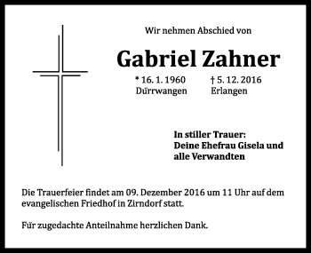 Traueranzeige von Gabriel Zahner von Rothenburg