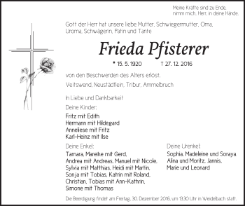 Traueranzeige von Frieda Pfisterer von Dinkelsbühl/ Feuchtwangen