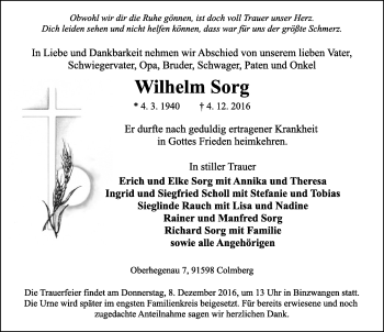 Traueranzeige von Wilhelm Sorg von Ansbach