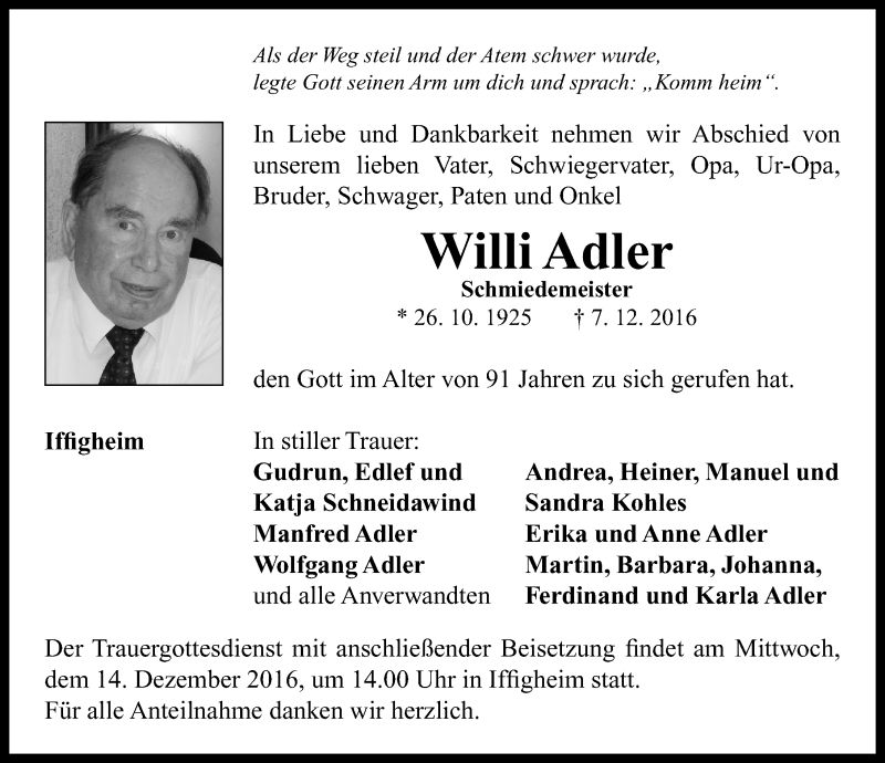  Traueranzeige für Willi Adler vom 10.12.2016 aus Neustadt/ Scheinfeld/ Uffenheim