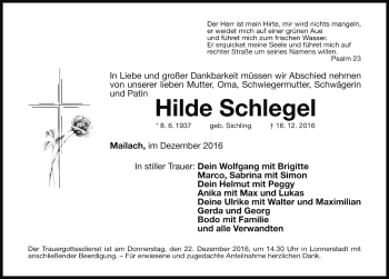 Traueranzeige von Hilde Schlegel von Fränkische Landeszeitung