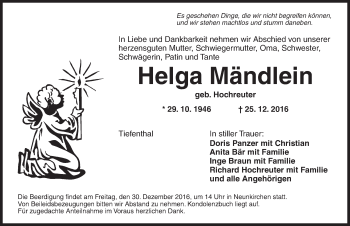 Traueranzeige von Helga Mändlein von Ansbach