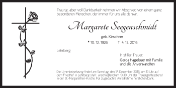 Traueranzeige von Margarete Seegenschmidt von Ansbach