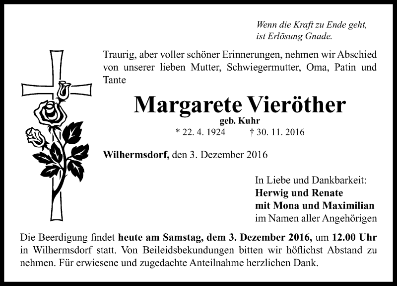 Traueranzeige für Margarete Vieröther vom 03.12.2016 aus Neustadt/ Scheinfeld/ Uffenheim