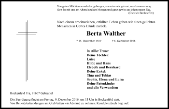 Traueranzeige von Berta Walther von Rothenburg