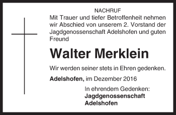 Traueranzeige von Walter Merklein von Fränkische Landeszeitung