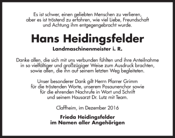 Traueranzeige von Hans Heidingsfelder von Ansbach