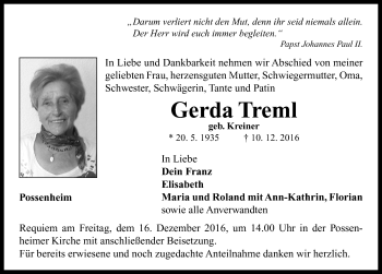 Traueranzeige von Gerda Treml von Neustadt/ Scheinfeld/ Uffenheim