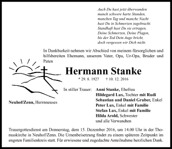 Traueranzeige von Hermann Stanke von Neustadt/ Scheinfeld/ Uffenheim