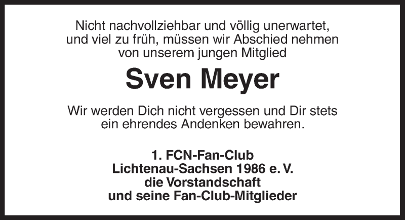  Traueranzeige für Sven Meyer vom 13.12.2016 aus Ansbach