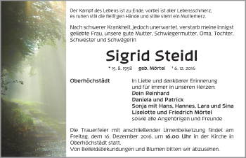 Traueranzeige von Sigrid Steidl von Neustadt/ Scheinfeld/ Uffenheim