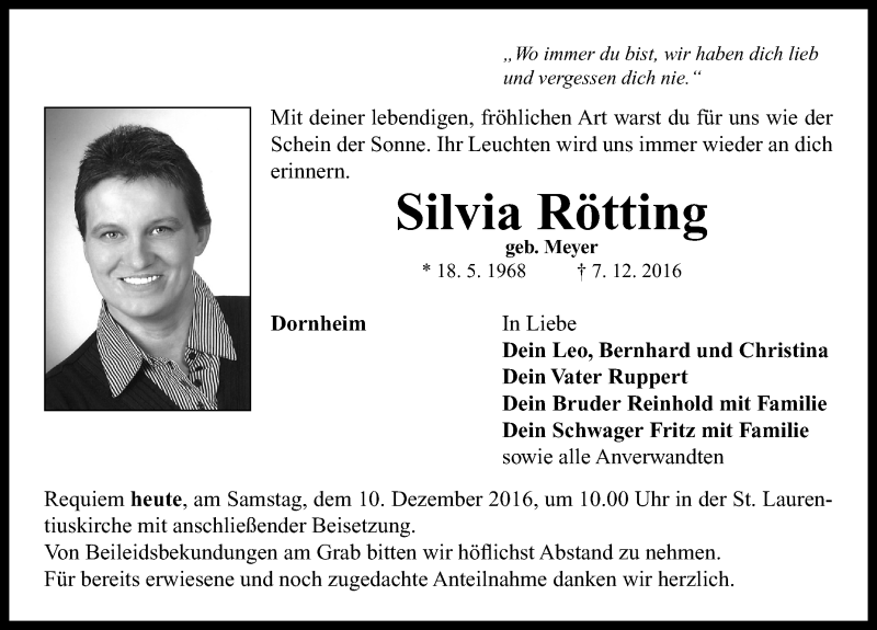  Traueranzeige für Silvia Rötting vom 10.12.2016 aus Neustadt/ Scheinfeld/ Uffenheim