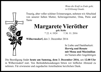 Traueranzeige von Margarete Vieröther von Neustadt/ Scheinfeld/ Uffenheim