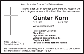 Traueranzeige von Günter Korn von Ansbach